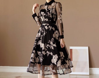 Flower Embroidery See-Through Dress / Floral Pattern Midi Dress / Korean Style Women Long Dress / Feminin Elegant Dress / Plus Size Dress
