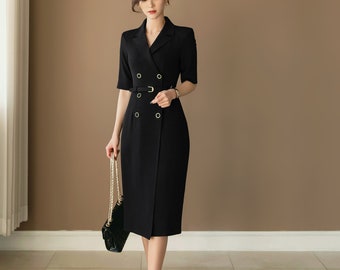 Korean Style Double Breasted Blazer Dress / V Neck Elegant Feminin Long Dress with Belt / Short Sleeve Modern Chic Midi Dress / Plus Size