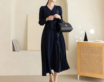 Navy draped Midi Dress with Belt / V-neck Unbalance Side Pleated Long Dress / Korean Style Women Dress / Elegant Feminin Dress