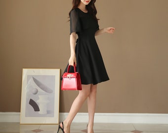 See-Through Sleeve Black Mini Dress / Korean Style Women Dress / Elegant Black Dress / Simple Flare Mini Dress