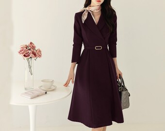 Classic Elegant Tailored Collar Midi Dress with Belt / Korean Style Elegant Feminin Midi Dress / Long Sleeve Chic Luxury Dress