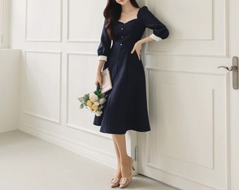 Elegant Feminine Sweetheart Neck Semi-Mermaid Tweed Dress / Korean Style Midi Dress / Luxury Wear Elegant Dress for Spring, Fall