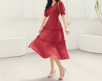 Summer V Neck Short Sleeve Midi Dress / Korean Style Women Flare Dress / Lovely Long Dress