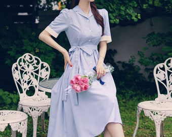 Elegant Classic Feminin Short Sleeve Striped Shirtdress with Strap Belt / Korean Style Button Long Dress / Summer Midi Dress