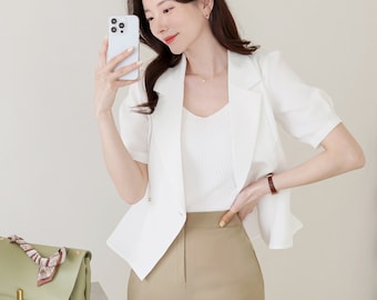 Veste féminine élégante de style basque à manches bouffantes / Veste d'été style coréen avec col tailleur / Haut à manches courtes Veste quotidienne pour femme