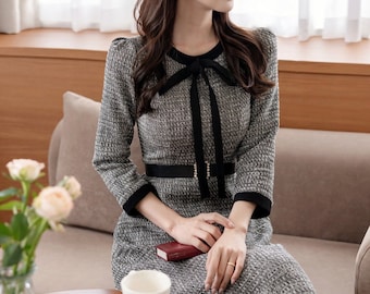 Elegant Feminine Tweed Dress with Belt / Korean Style Lovely Flare Dress / Luxury wear Elegant Dress for Fall Winter