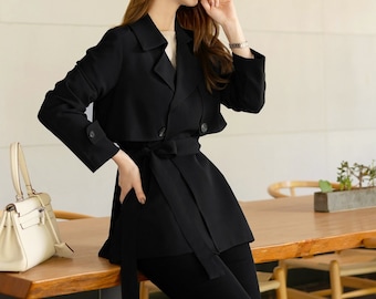 Black Color Classic Trench Jacket with Belt / Korean Style Trench Jacket for Women / Spring Fall Trench Short Coat Jacket