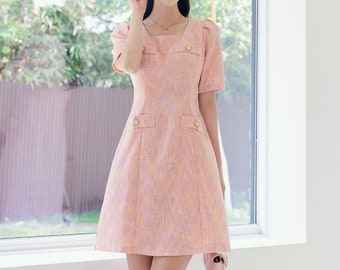 Elegant Short Sleeve Summer Tweed Mini Dress /Korean Style Square Neck Simple Mini Dress / Luxury Unique Tweed Dress for Spring Summer