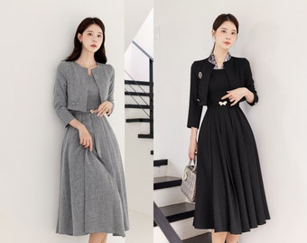 Jacket Layered Design Pleated Flare Dress with Belt / Korean Style Women Midi Dress / Elegant Feminin Dress / Classic Style Flare Midi Dress