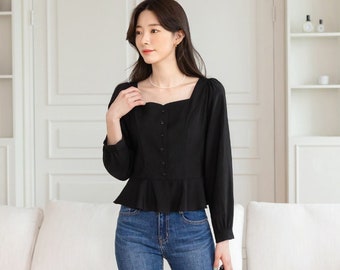 Elegant Feminin Peplum Top Blouse / Korean Style Square Neck Blouse / Front Button Top / Daily Blouse Black Color
