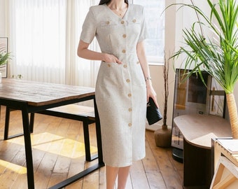 Short Sleeve H-Line Midi Dress / Elegant Front Button Dress / Korean Style V-neck Simple Dress / Luxury Unique Tweed Dress for Spring Summer