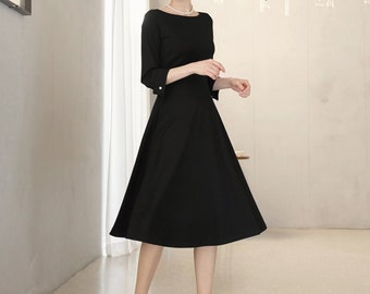 Elegant Black Flare Dress / Korean Style Boat Neck Midi Dress / Clasic Simple Flare Dress