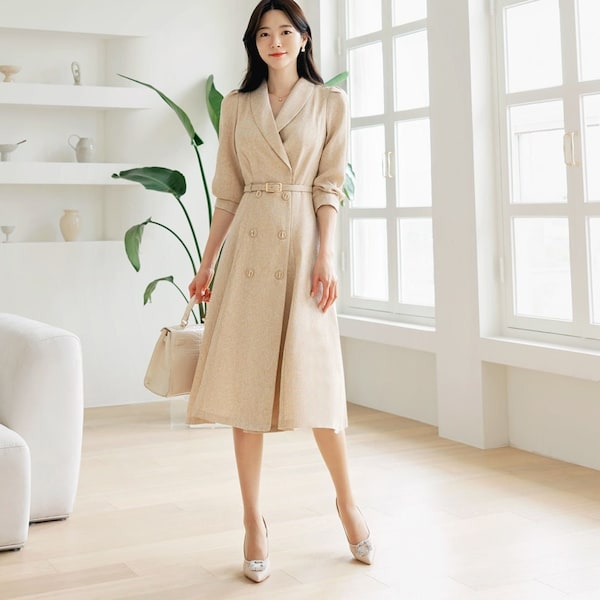 Élégante robe féminine en tweed avec ceinture / Veste beige mi-longue de style coréen / Vêtements de luxe pour le printemps et l'automne