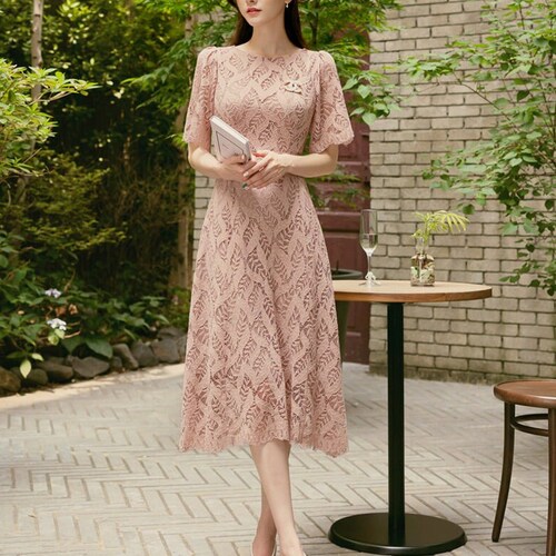 Short Sleeve shops Spring Summer Lace Dress / Korean Style Lace Midi Dress / Luxury wear Elegant Dress