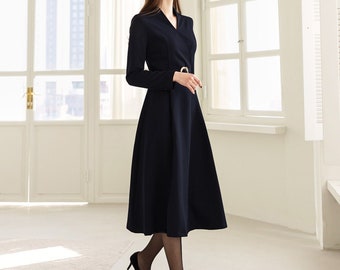 Elegant Flare Dress with Belt / Korean Style V Neck Navy Midi Dress with Long Sleeve / Luxury wear Elegant Dress