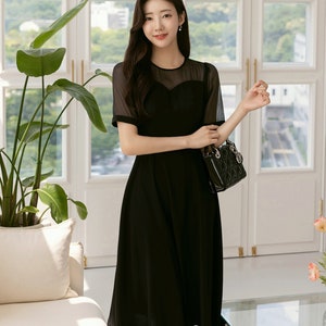 See-Through Sleeve Simple Feminine Black Dress / Korean Style Women Flare Dress / Elegant Black Dress / Summer Midi Dress image 3