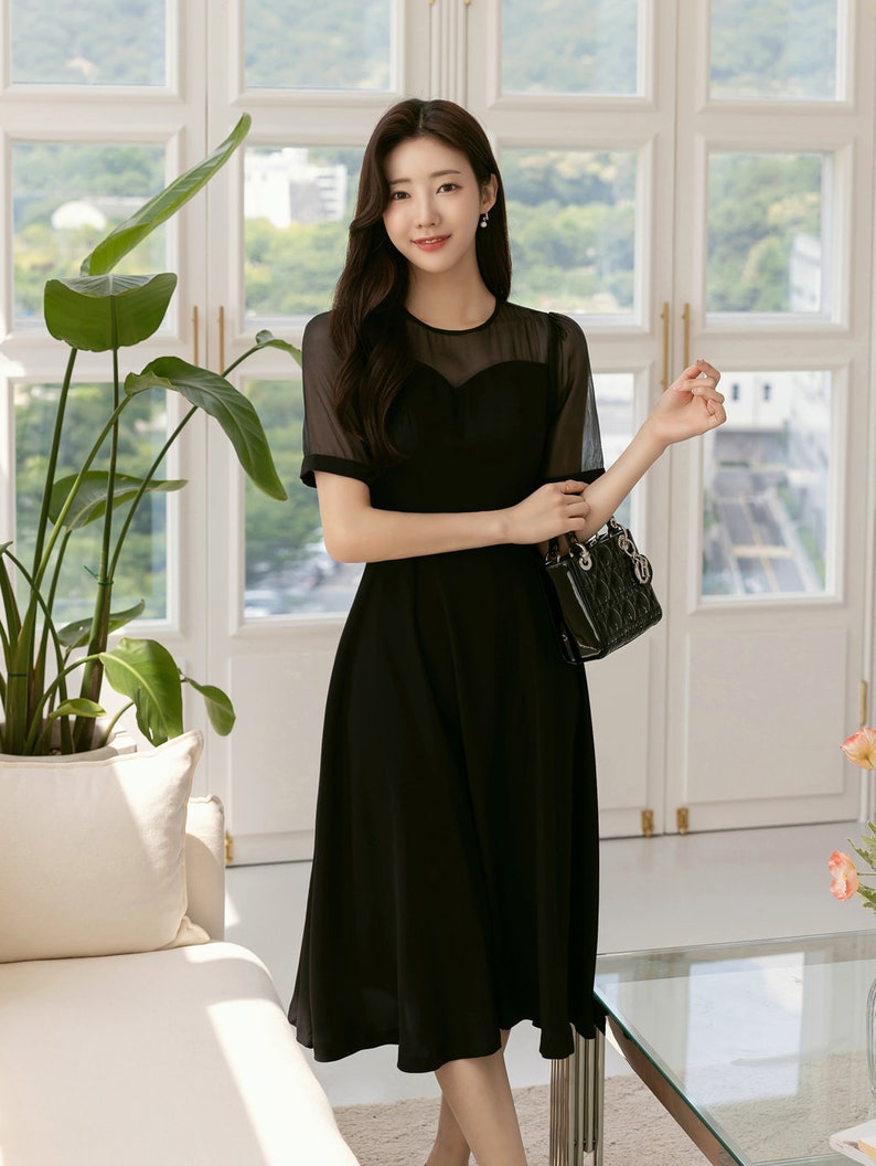 See-Through Sleeve Simple Feminine Black Dress / Korean Style Women Flare Dress / Elegant Black Dress / Summer Midi Dress image 3