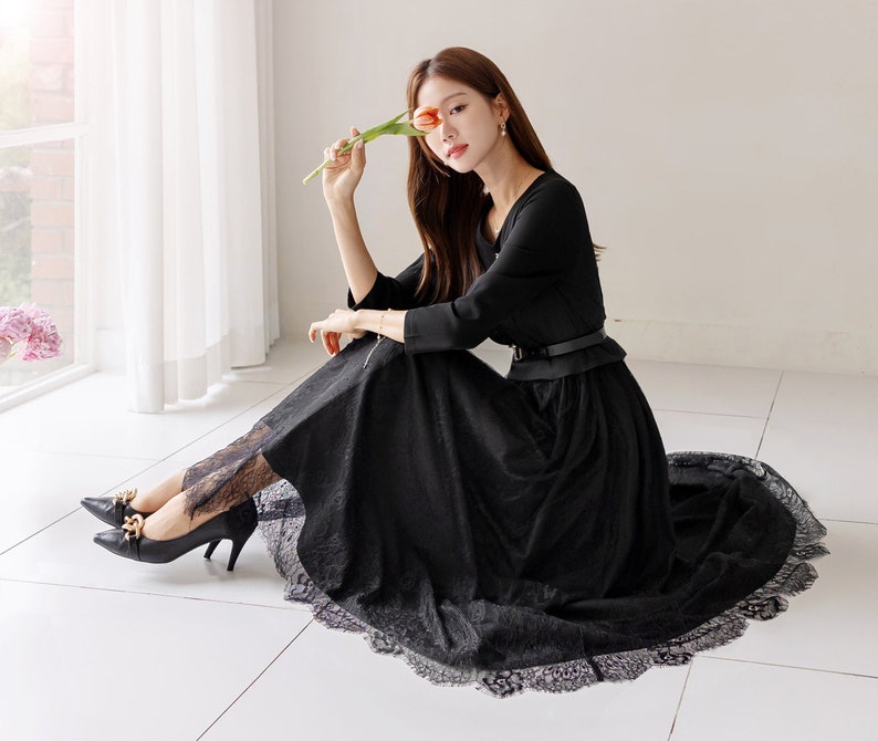 Elegant Feminin 3/4 Sleeve Dress with Belt / Korean Style Blouse and Lace Skirt for One-piece Dress / Modern Chic Long Dress image 3