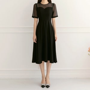 See-Through Sleeve Simple Feminine Black Dress / Korean Style Women Flare Dress / Elegant Black Dress / Summer Midi Dress image 6