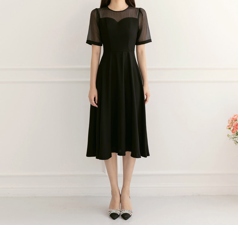 See-Through Sleeve Simple Feminine Black Dress / Korean Style Women Flare Dress / Elegant Black Dress / Summer Midi Dress image 6