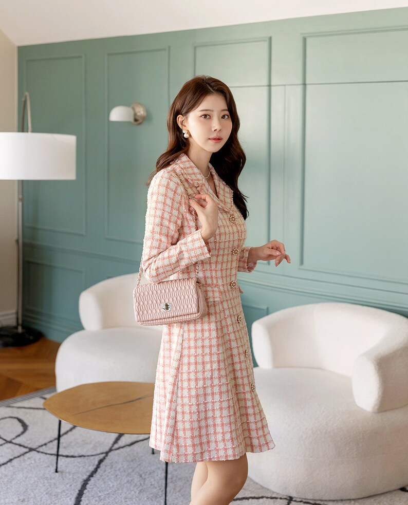 Elegant Feminin Single Button Tweed Mini Dress / Korean Style Pink Mini Dress / Modern Chic Jacket Dress for Fall Winter image 7