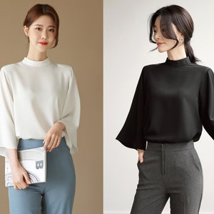 Modern Chic Cape Silhouette Blouse / Korean Style Long Wide Sleeve Office Look Top / Everyday Soft Blouse / Party Top