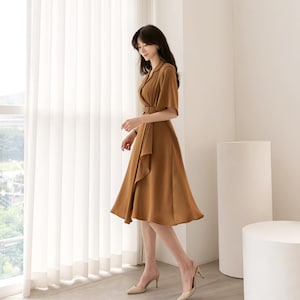 Draped Midi Dress / V-neck Spring Summer Dress / Korean Style Women Dress / Elegant Feminin Dress