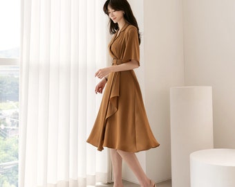 Draped Midi Dress / V-neck Spring Summer Dress / Korean Style Women Dress / Elegant Feminin Dress