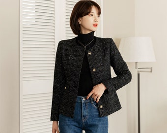 Elegant Tweed Jacket Blazer/ Korean Style Classic Cardigan Autumn Blazer / Long Sleeve Soft Jacket