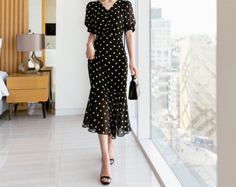 Dot Pattern V Neck Chiffon Long Dress / Korean Style Women Dress / V-neck Short Sleeve Spring Summer Midi Dress