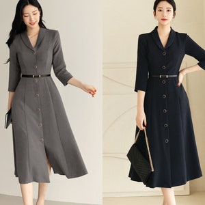 Elegant Feminin Single Button Long Dress with Belt / Korean Style Flare Dress / Modern Chic Midi Dress / Jacket Dress