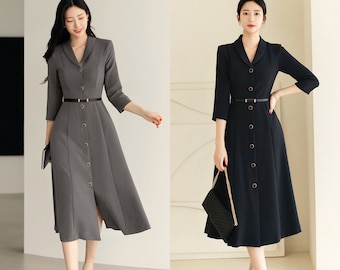 Elegant Feminin Single Button Long Dress with Belt / Korean Style Flare Dress / Modern Chic Midi Dress / Jacket Dress