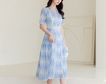 Short Sleeve Spring Summer Leaves Pattern Lace Dress / Korean Style Lace Midi Dress / Luxury wear Elegant Flare Dress