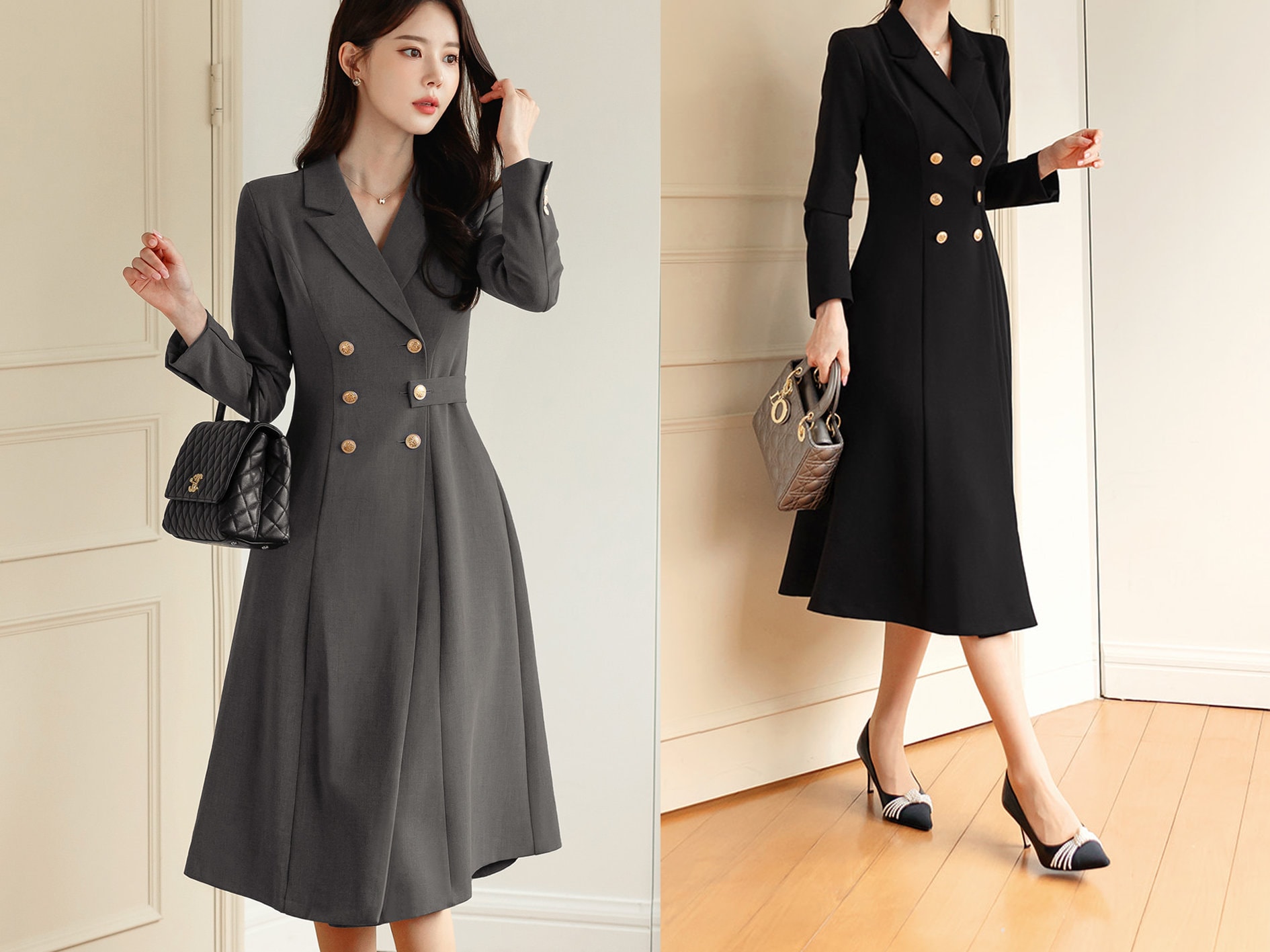 Korean Style Double Breasted Blazer Dress V Neck Elegant Feminin