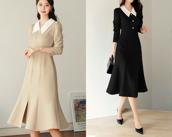 Elegant Feminin Mermaid Slit Dress / Korean Style Women Dress / Long Sleeve Midi Dress