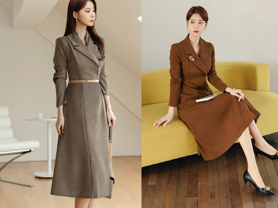 Tailored Collar Tweed Midi Dress Jacket Style Dress / Korean Style
