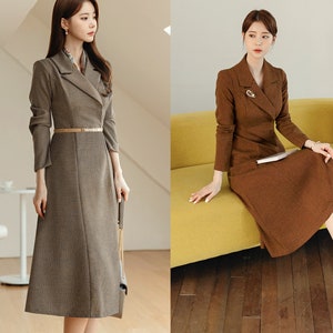 Tailored Collar Tweed Midi Dress Jacket Style Dress / Korean Style Elegant Feminin Midi Dress / Long Sleeve Chic Luxury Jacket Style Dress