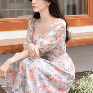Floral Pattern Spring Summer Square Neck Midi Dress / Korean Style Women Long Dress / Half Sleeve Dress / Feminin Elegant Dress image 5