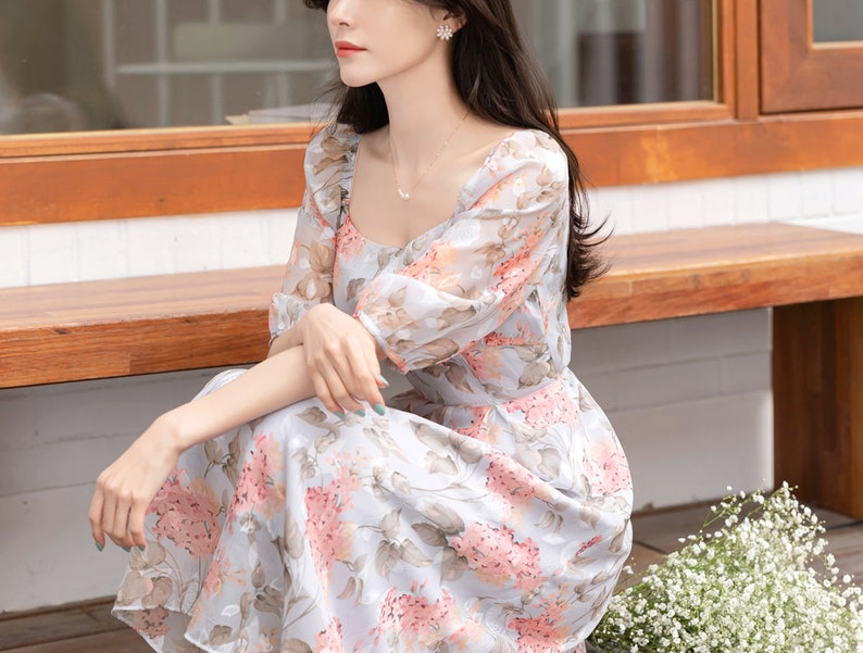 Floral Pattern Spring Summer Square Neck Midi Dress / Korean Style Women Long Dress / Half Sleeve Dress / Feminin Elegant Dress image 5