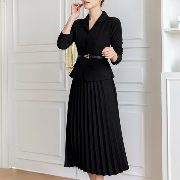 Elegantes Feminin Falten Kleid mit Gürtel / Jacke und Rock im koreanischen Stil für einteiliges Kleid / Modernes langes schwarzes Kleid