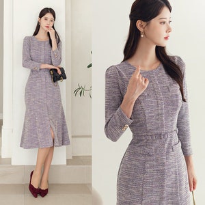 Elegant Feminine Semi-Mermaid Tweed Dress with Belt / Korean Style Midi Dress / Luxury Wear Elegant Dress