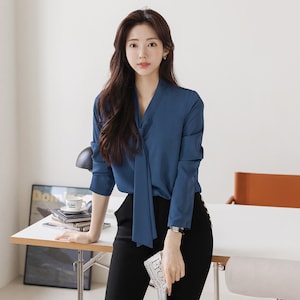 Modern Chic Long Sleeve Tie Neck Blouse / Korean Style Luxury Feminine Women Clothes / Stylish Office Look Top / Everyday Soft Blouse image 8