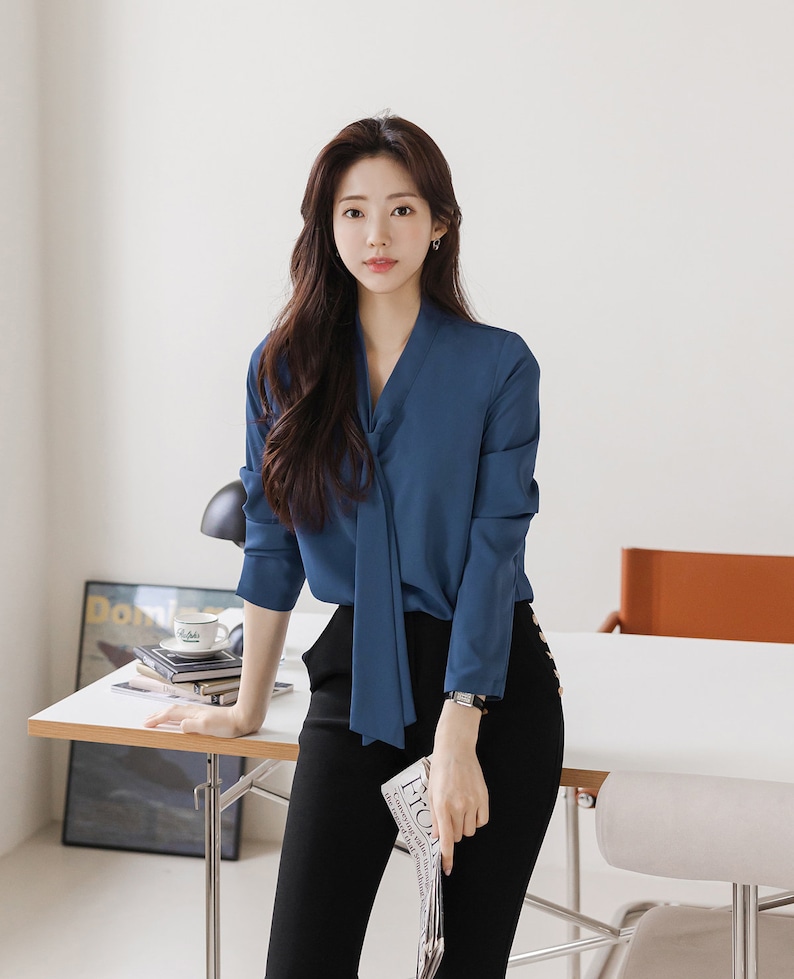 Modern Chic Long Sleeve Tie Neck Blouse / Korean Style Luxury Feminine Women Clothes / Stylish Office Look Top / Everyday Soft Blouse image 8