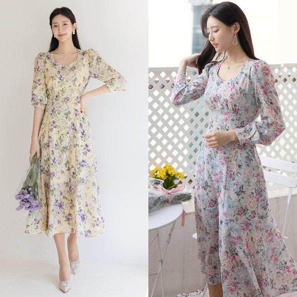 Floral Pattern Midi Long Flare Dress / Korean Style Long Sleeve Women Dress / Bridesmaid Dress