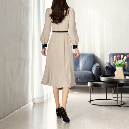 Elegant Collared Flare Dress / Korean Style Midi Dress with Long Sleeve / Luxury wear Elegant Dress shops