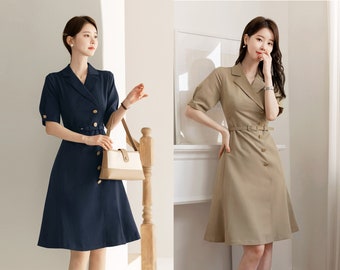 Basic Elegant A-Line Mini Dress / Korean Style Short Sleeve Midi Dress with Belt / Classic Slim Fit Dress for Spring Summer