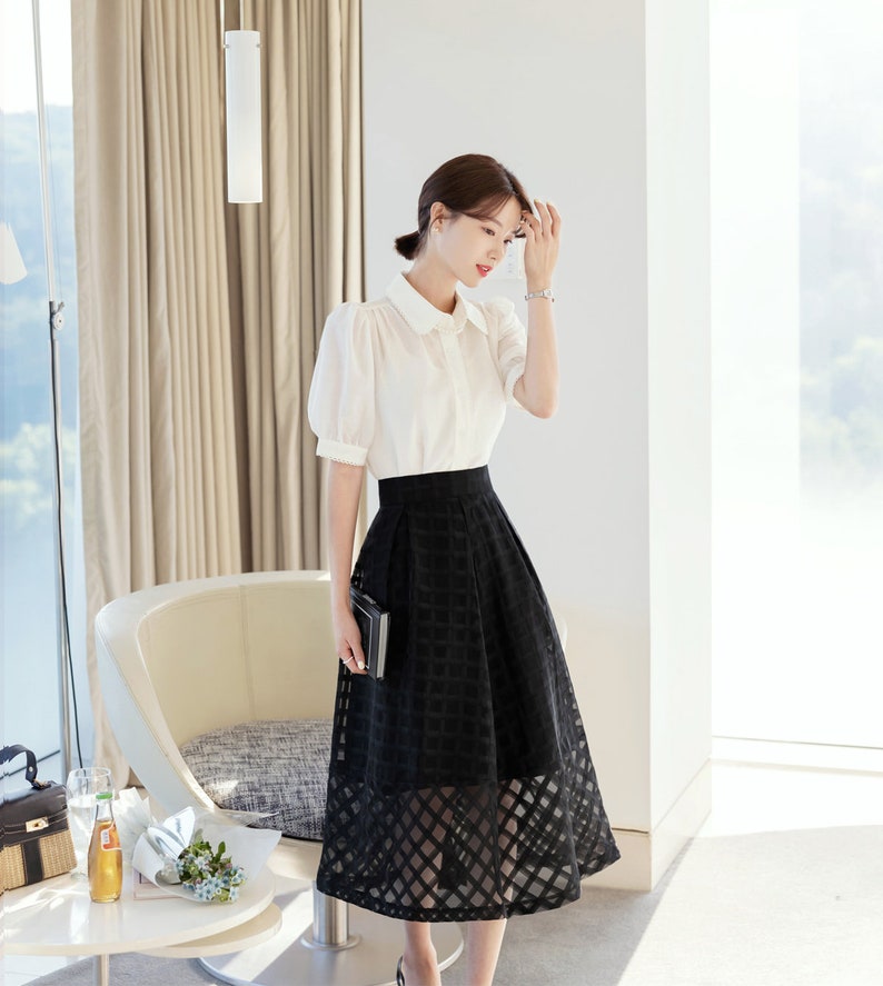 Elegant Feminine See-Through Flare Skirt / Korean Style Party Dress Skirt / Daily Dressy Midi Skirt image 9