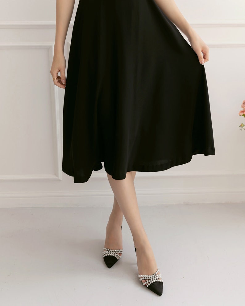 See-Through Sleeve Simple Feminine Black Dress / Korean Style Women Flare Dress / Elegant Black Dress / Summer Midi Dress image 8