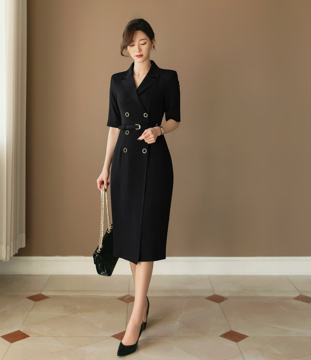 Korean Style Double Breasted Blazer Dress / V Neck Elegant Feminin Long  Dress With Belt / Short Sleeve Modern Chic Midi Dress / Plus Size 