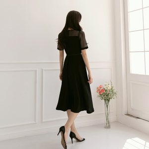 See-Through Sleeve Simple Feminine Black Dress / Korean Style Women Flare Dress / Elegant Black Dress / Summer Midi Dress image 5